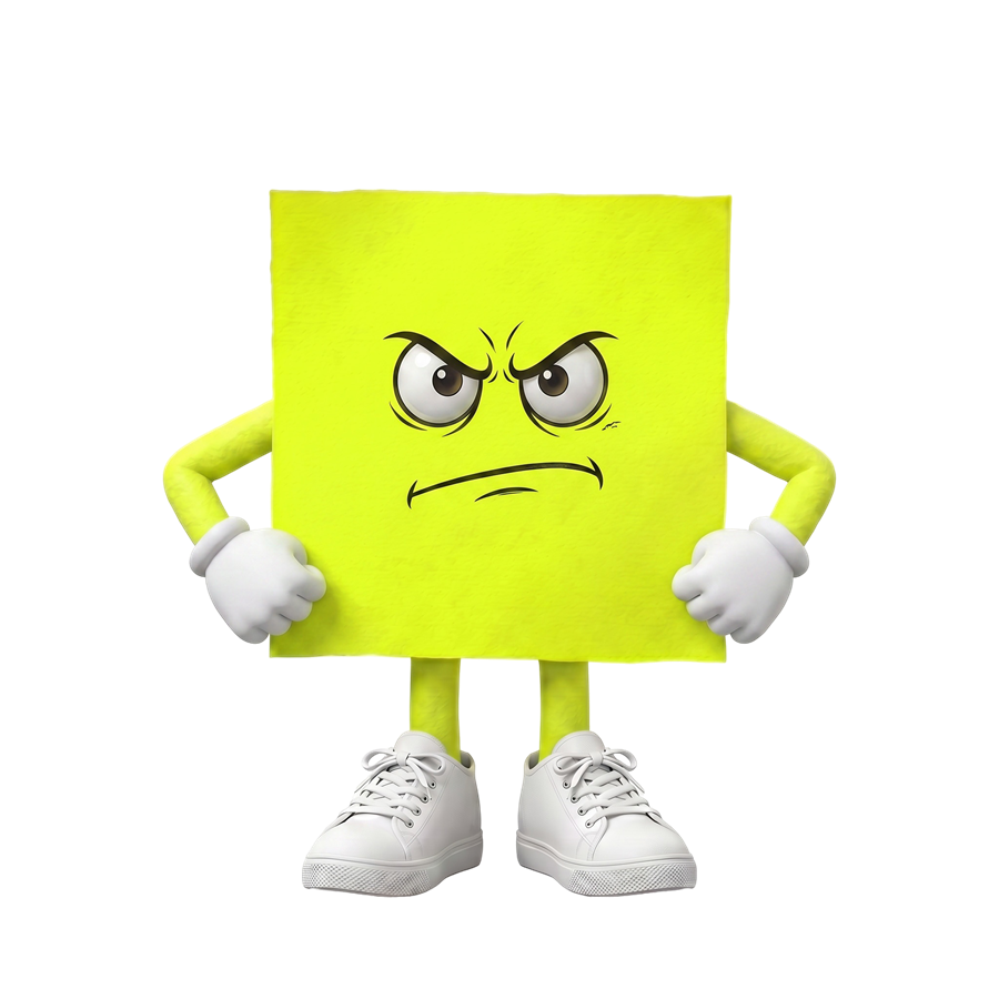 The last piece of confetti — a scowling neon yellow square with arms crossed on his hips