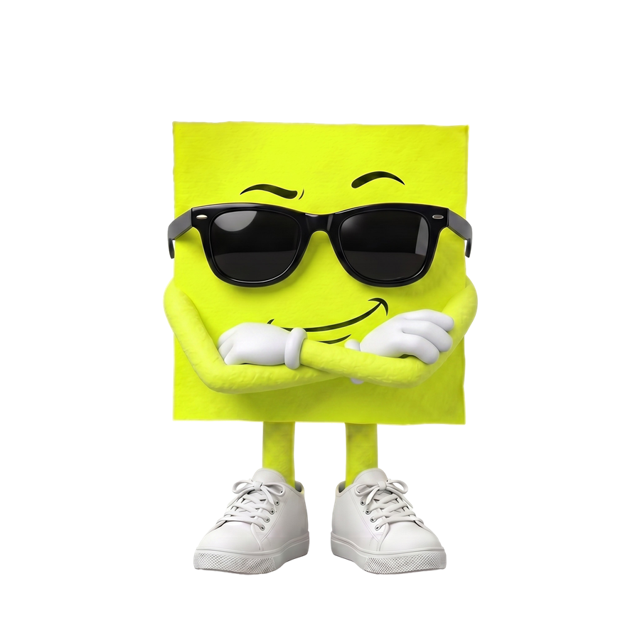 The last piece of confetti — a neon yellow square in black shades, arms crossed, smirking